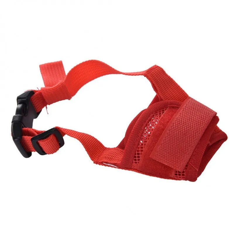 A black adjustable plastic mesh dog muzzle shown on a size chart with options for blue, pink, purple, and red.