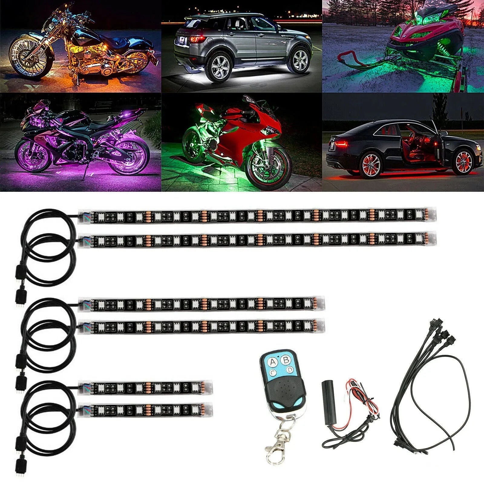 Black silicone RGB LED light bar with remote control for motorcycle and car atmosphere lighting