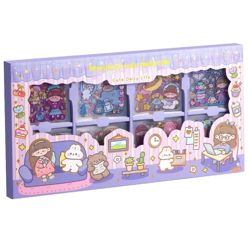 Box of children's stickers for card notebooks in five colour themes including Meatball cute everyday and peach tea party