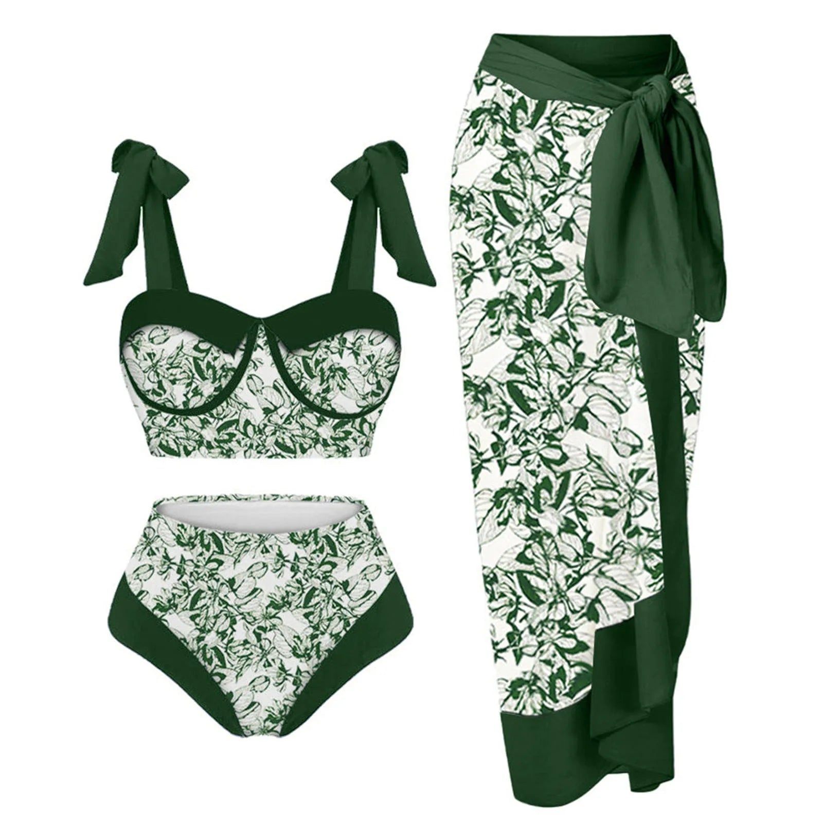 Women's printed split swimsuit three-piece set in a floral colour on a mannequin.