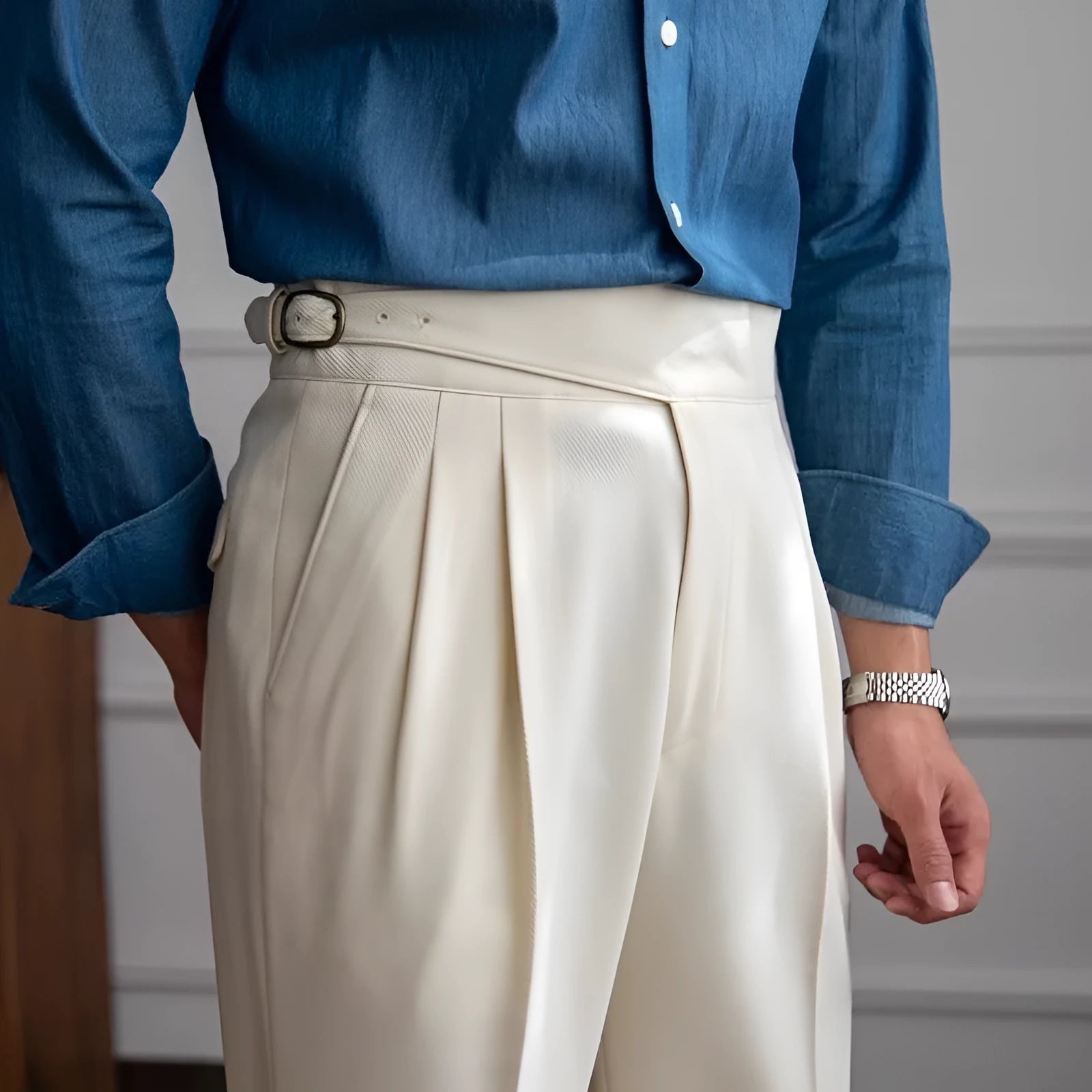 Men's high-waisted straight leg casual trousers in black, shown laid flat.