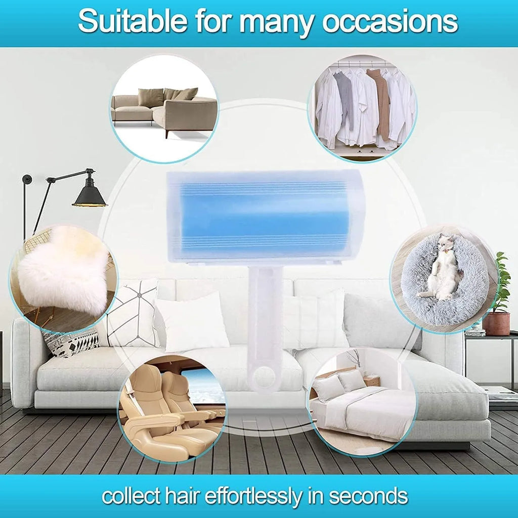 Blue reusable washable lint roller with cover for removing pet hair from clothes and furniture.