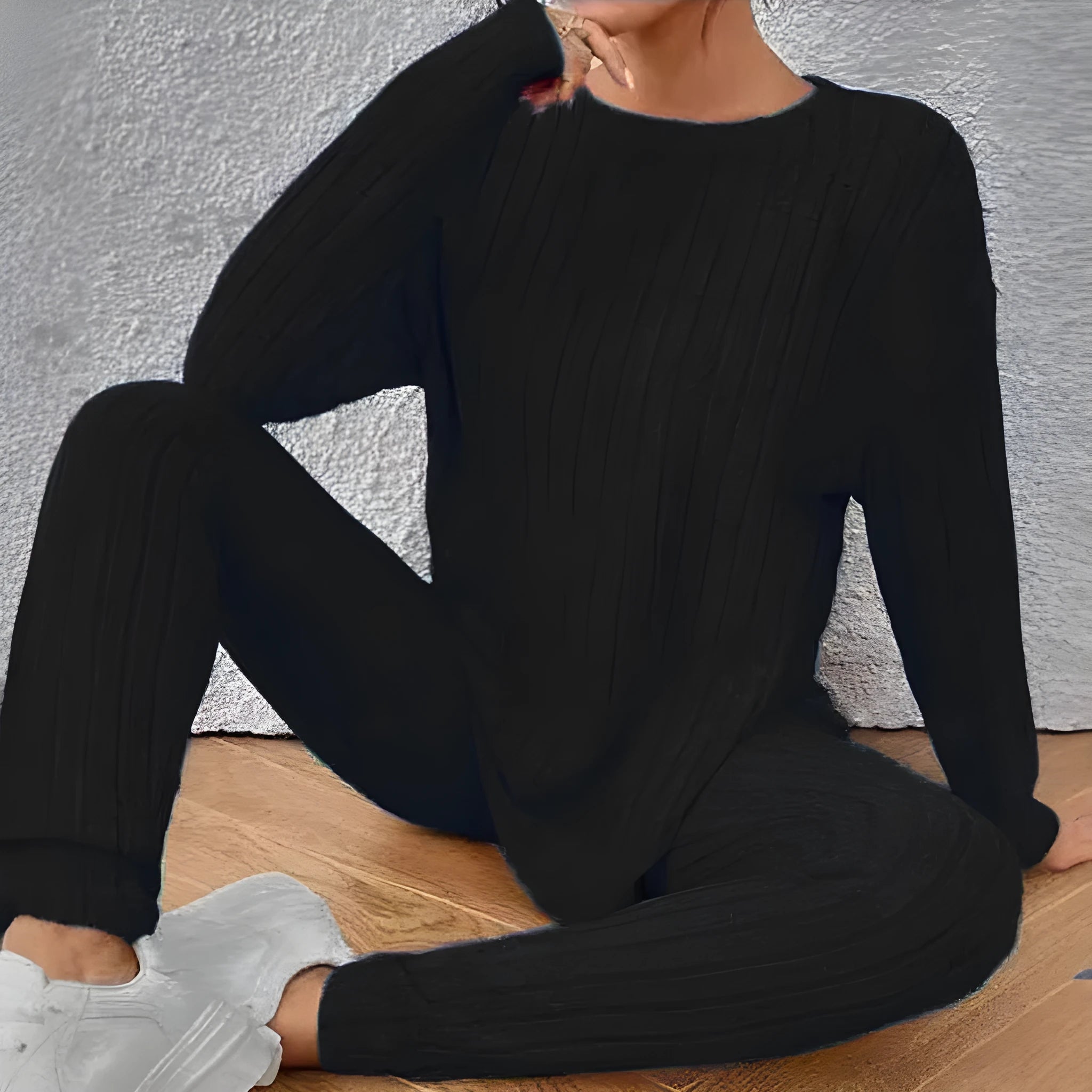 Sunken stripe two-piece homewear set in black or blue with matching pants and top for exercise