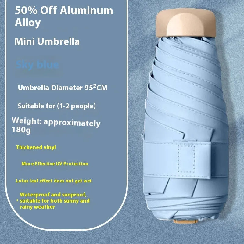 Closed five-fold manual umbrella showing one of eight colour options: beige, black, blue, dark green, navy blue, pink, yellow, or purple.