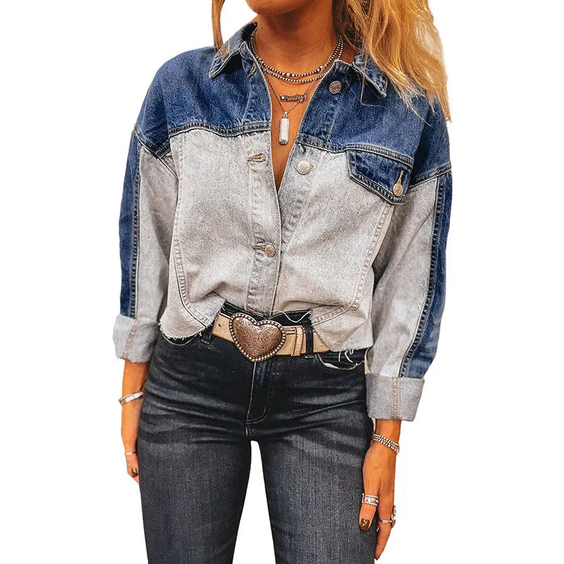 Women's loose fit denim coat with multiple buckles in colour matching pattern