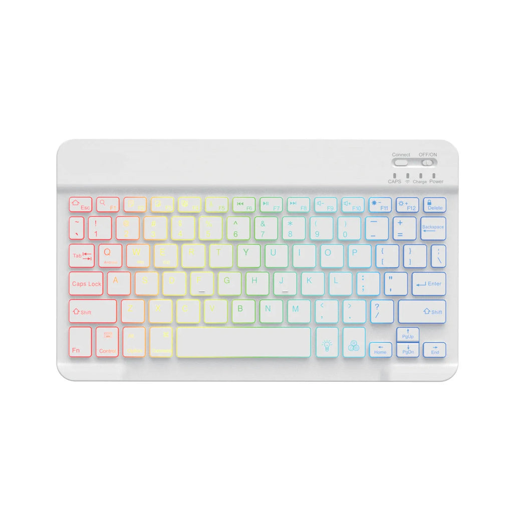 10-inch backlit Bluetooth wireless keyboard for tablets showing colourful LED lighting.