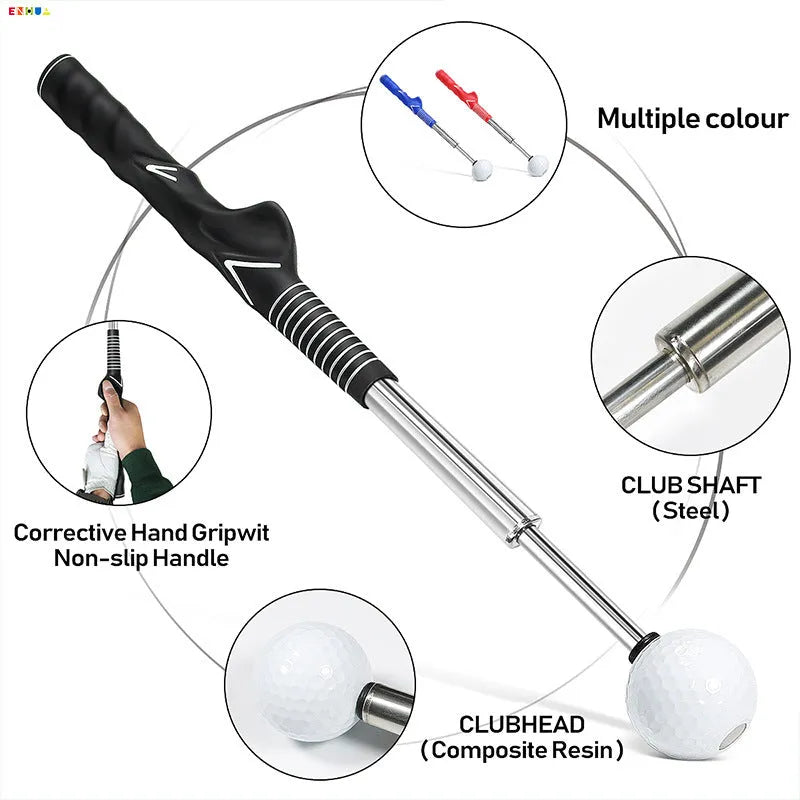 Telescopic golf swing training simulator in stainless steel available in black, blue and red colours