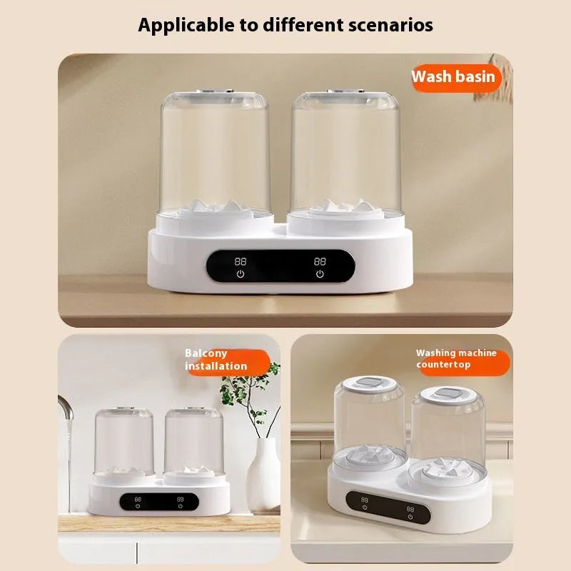 White mini washing machine with double bucket design and USB power connection