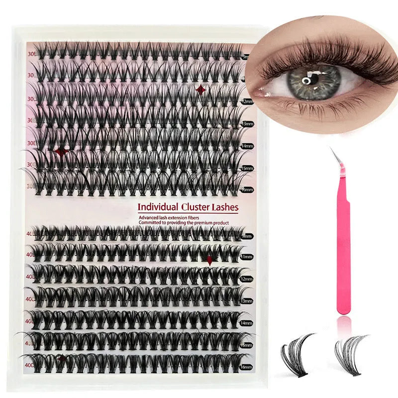 DIY cluster lashes mixed package showing 30D and 40D false eyelashes with tweezers