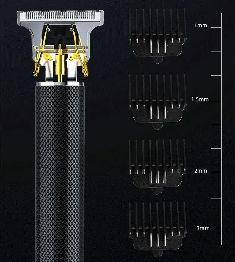 Black rechargeable electric hair clipper with four comb attachments and a cleaning brush on a table.