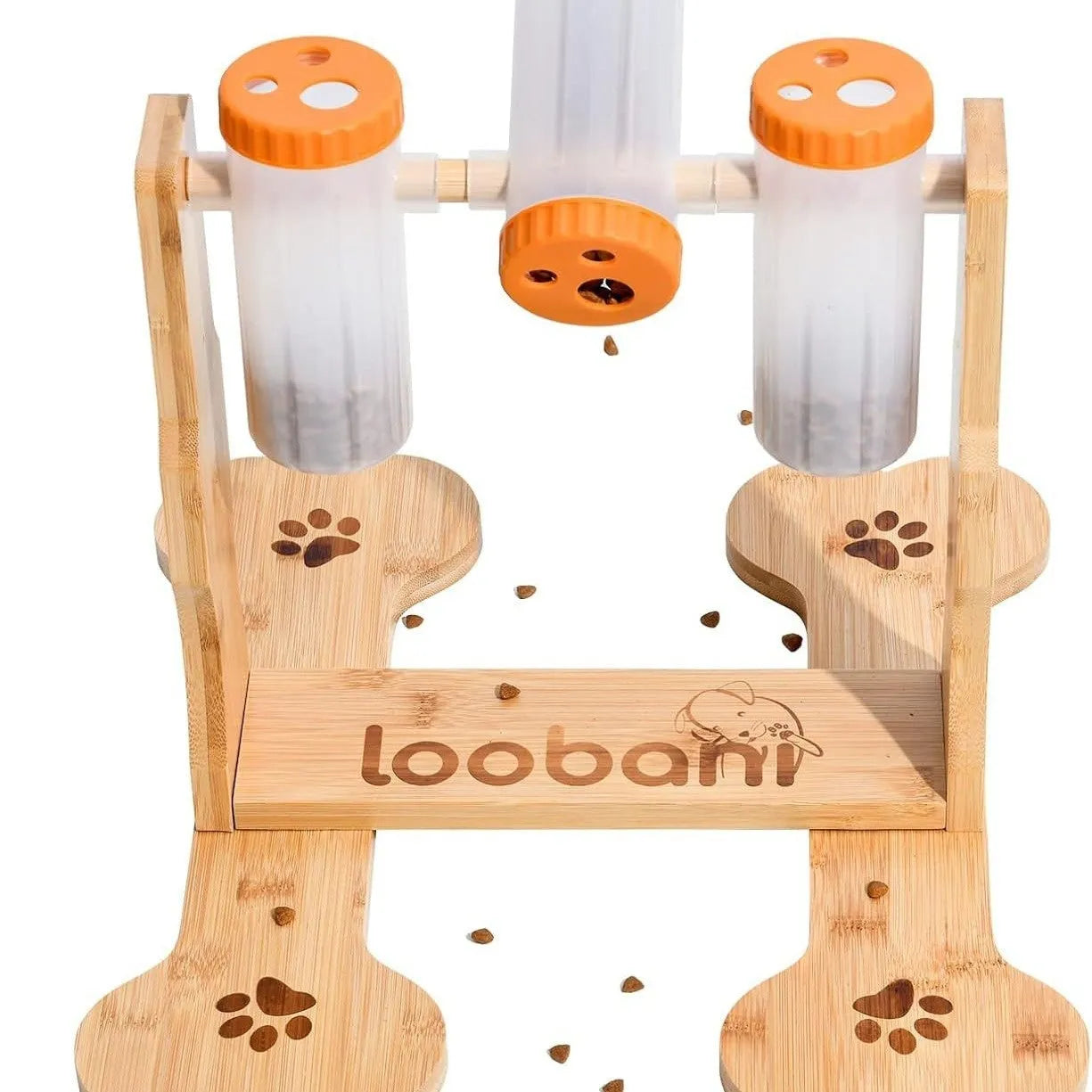 Natural wood colour interactive dog puzzle toy snack dispenser feeder on floor