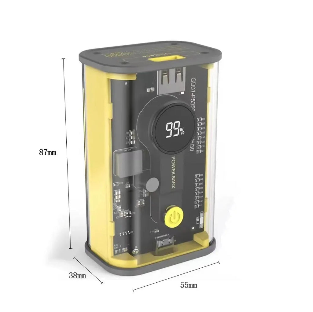 Transparent industrial power bank showing internal components with aluminium case and 10000mAh capacity