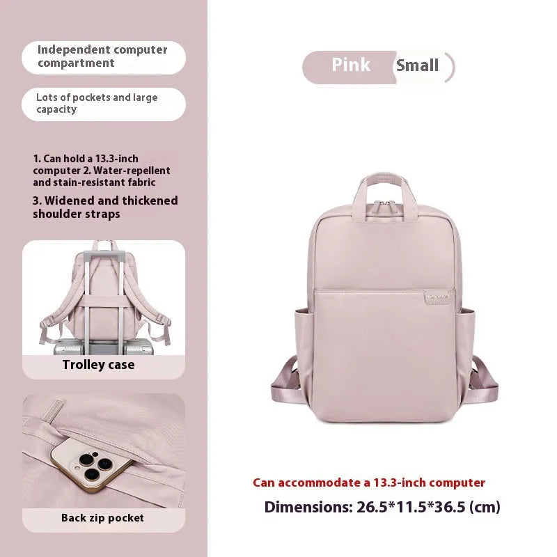 Women's canvas travel backpack in three sizes with multiple internal organisational compartments