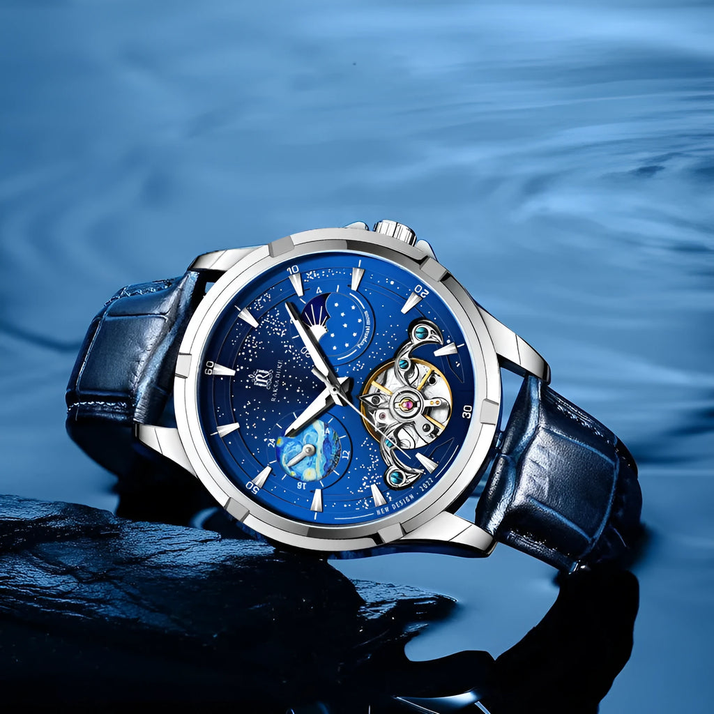 Men's blue automatic skeleton watch with open-heart dial on wrist