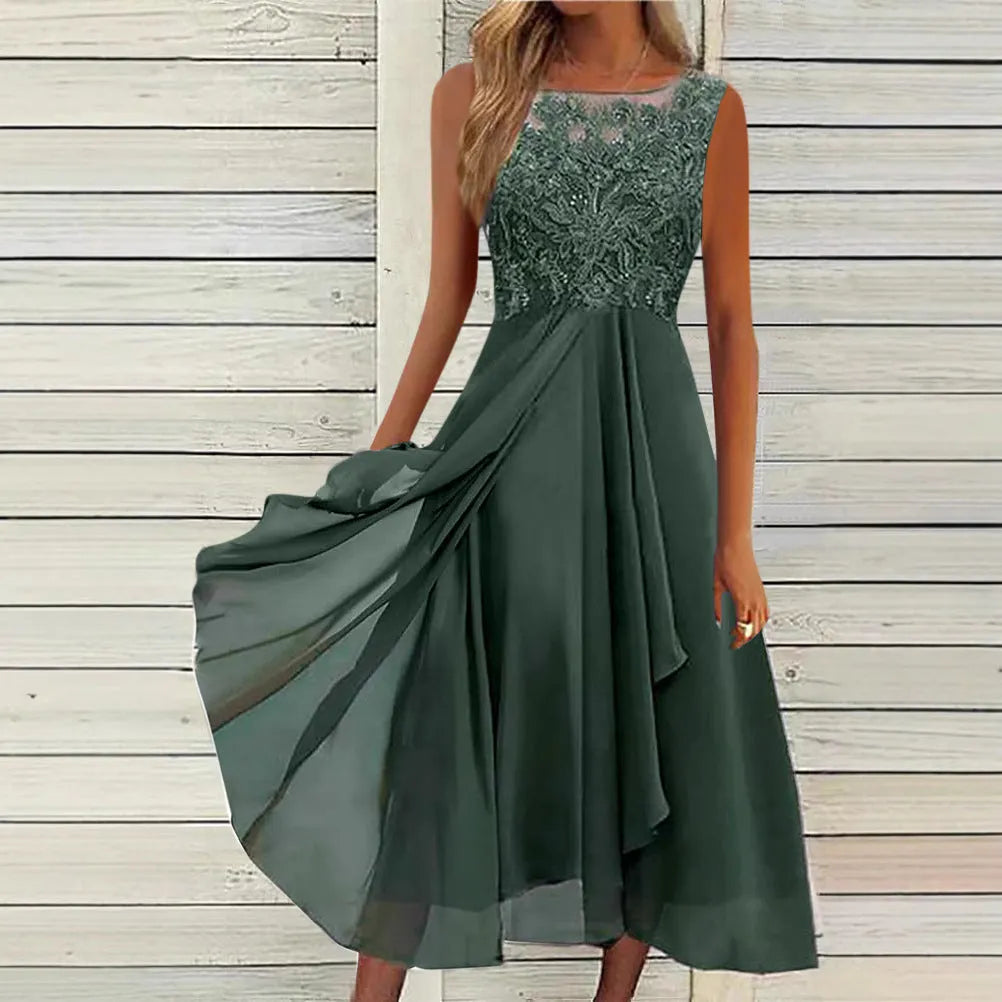 Women's sleeveless chiffon dress with lace hollow-out stitching in princess style