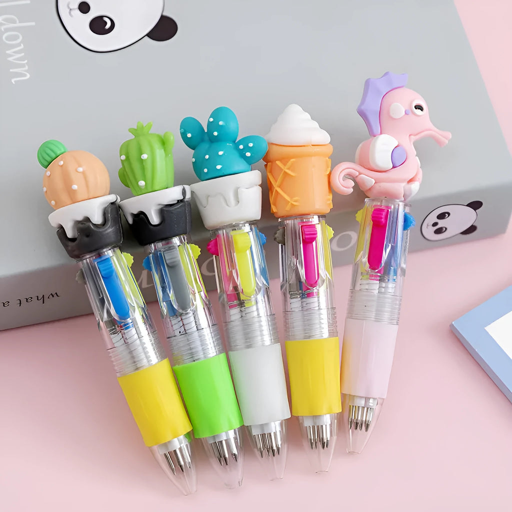 Cartoon theme four-colour press ballpoint pen with silicone grip and 0.7mm tip