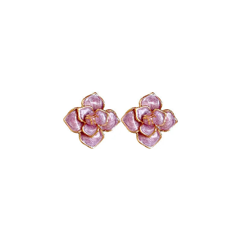 Gold plated purple oil-spot glaze flower stud earrings on copper with fresh style design
