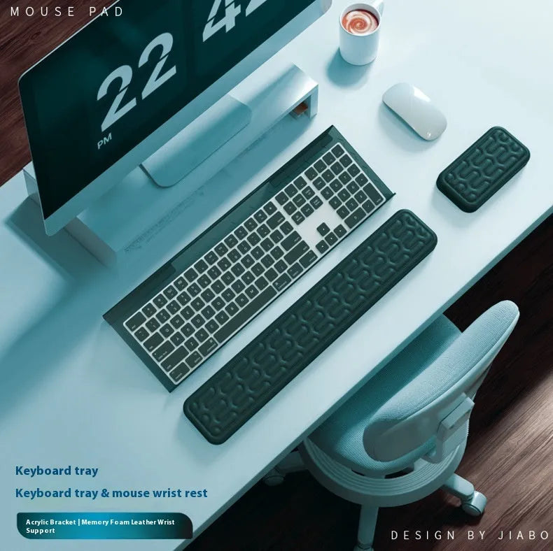 Double sided keyboard and mouse pad with thickened memory foam wrist rest in black resin with non-slip base