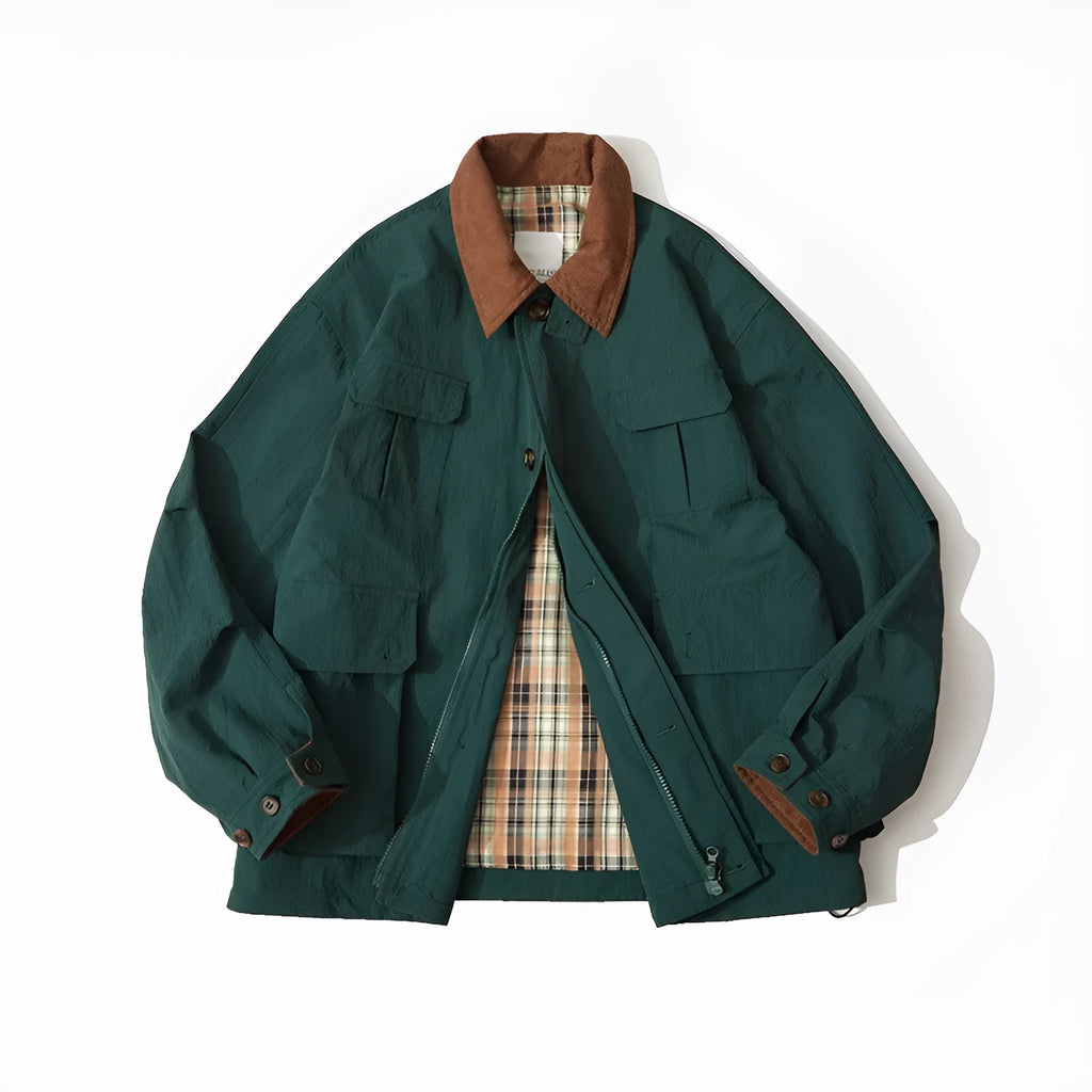 Green and apricot unisex casual jacket with contrast colour blocks and side seam pockets.