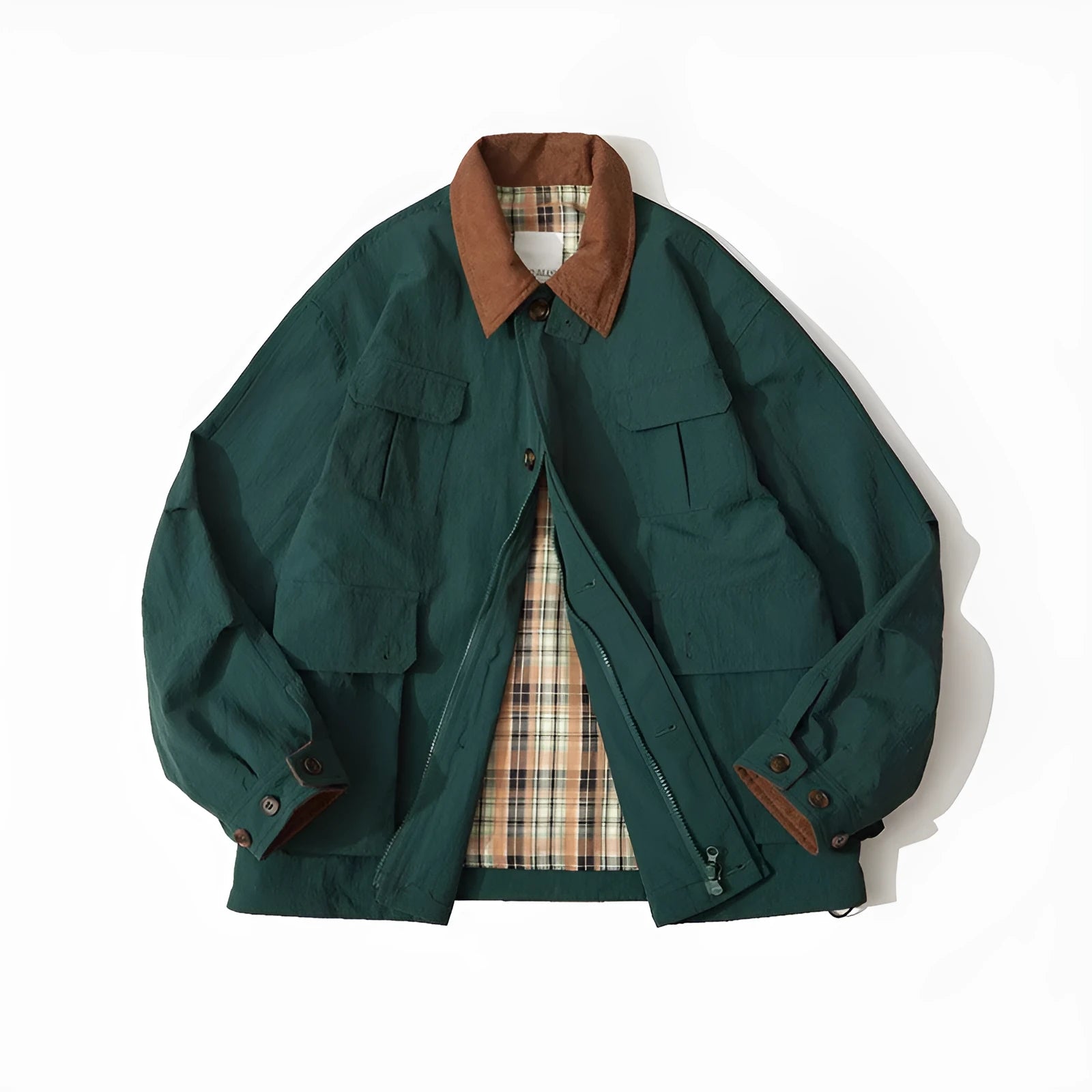 Green and apricot unisex casual jacket with contrast colour blocks and side seam pockets.