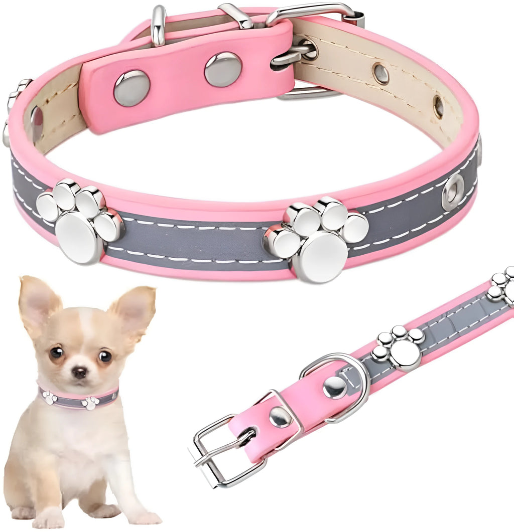 Reflective adjustable dog collar in soft PU leather with paw-shaped metal rivets