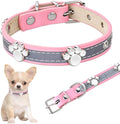 Reflective adjustable dog collar in soft PU leather with paw-shaped metal rivets