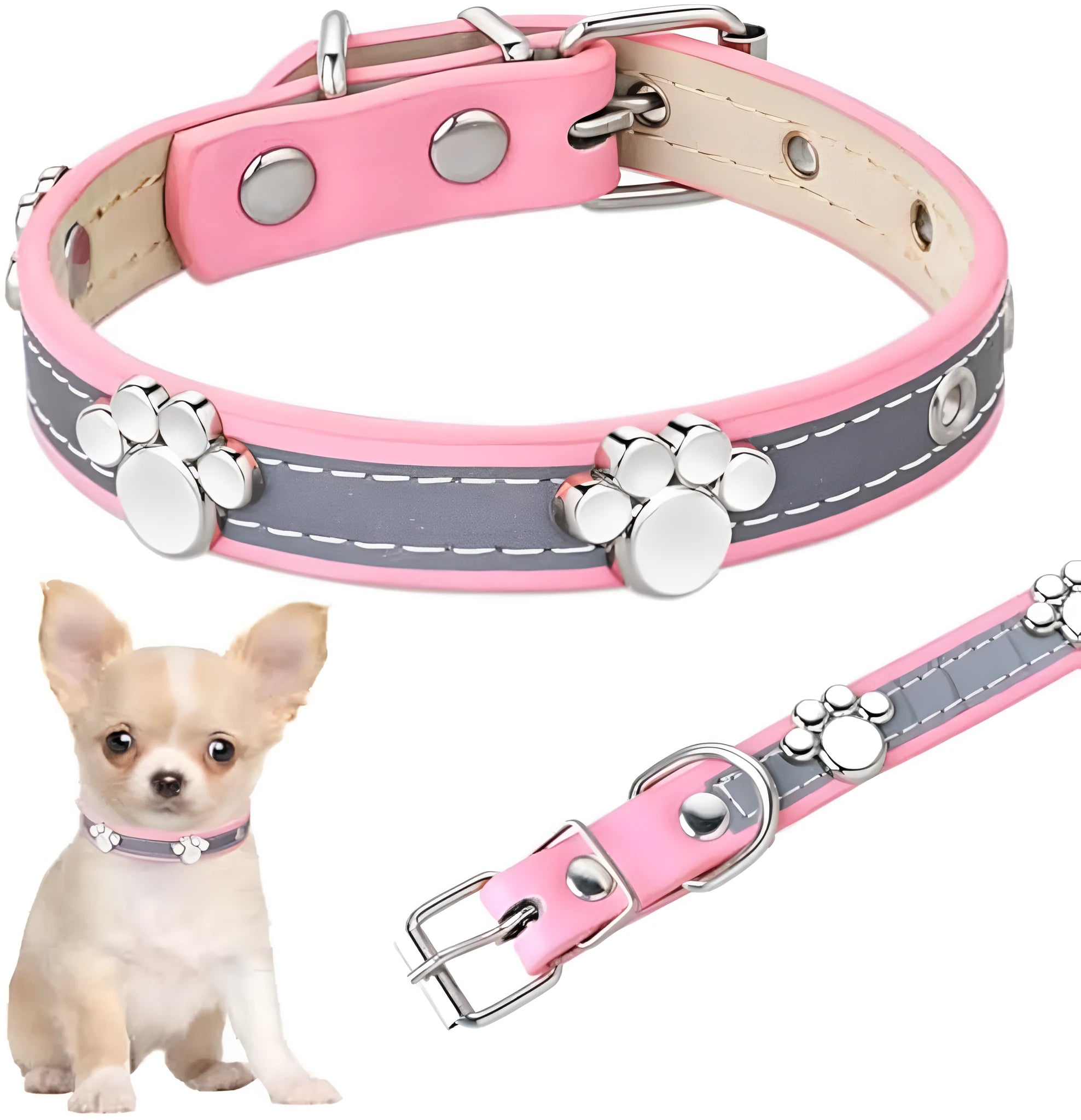 Reflective adjustable dog collar in soft PU leather with paw-shaped metal rivets