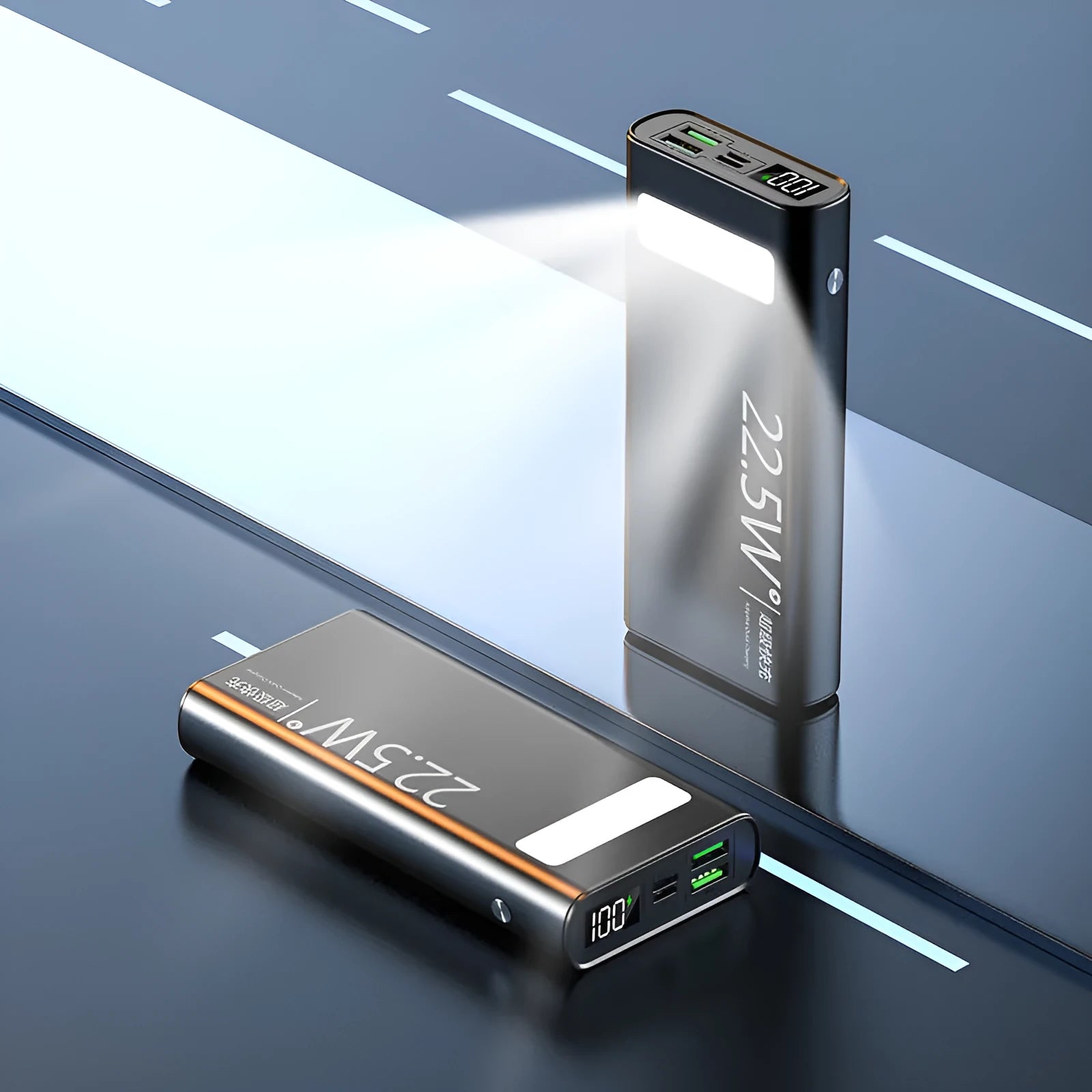 Alloy shell power bank with LCD display showing battery level, in black, green, red, or blue colour.