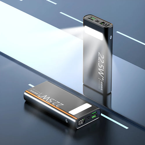 Alloy shell power bank with LCD display showing battery level, in black, green, red, or blue colour.