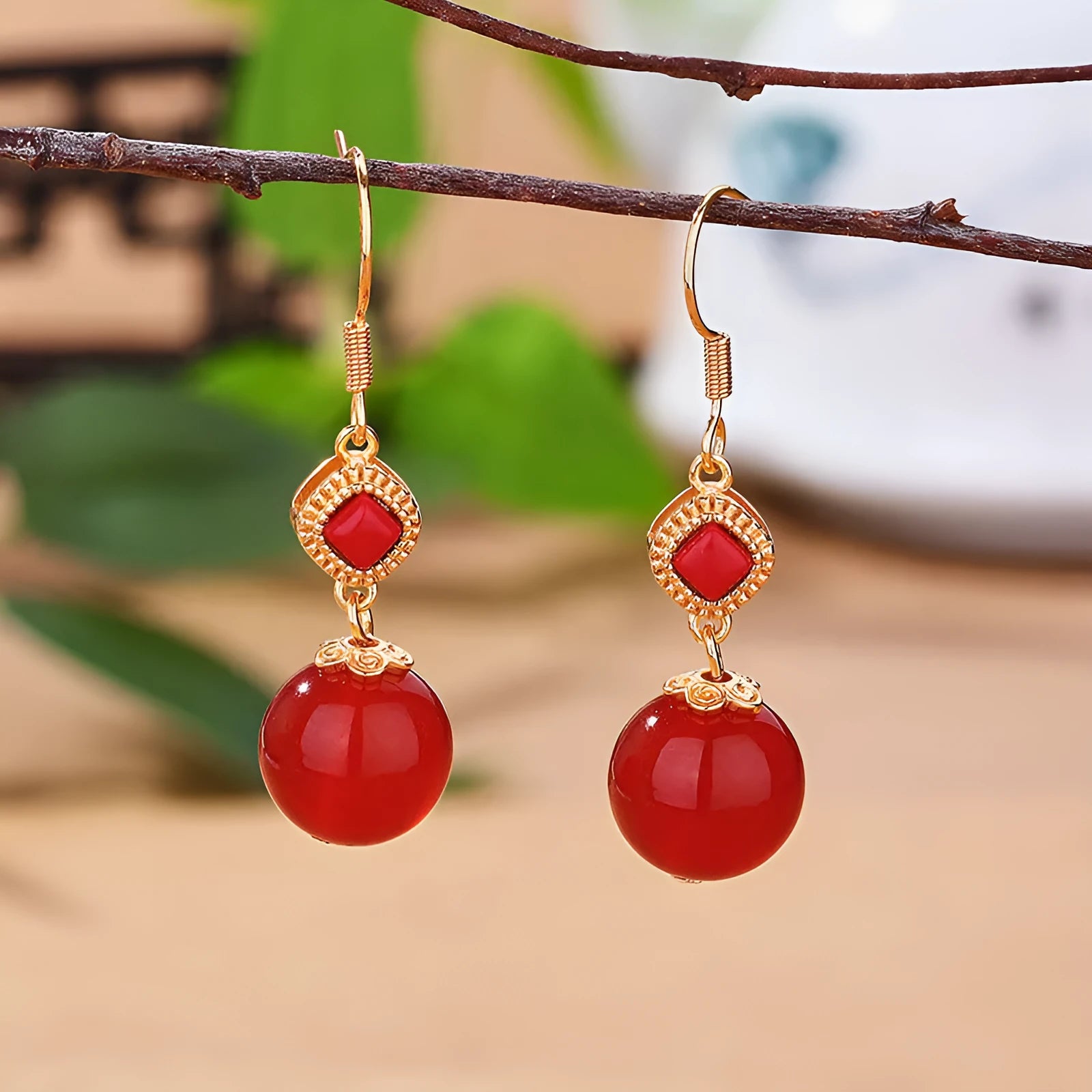 Geometric agate earrings with southern red round beads and S925 silver inlaid jasper accents on copper alloy