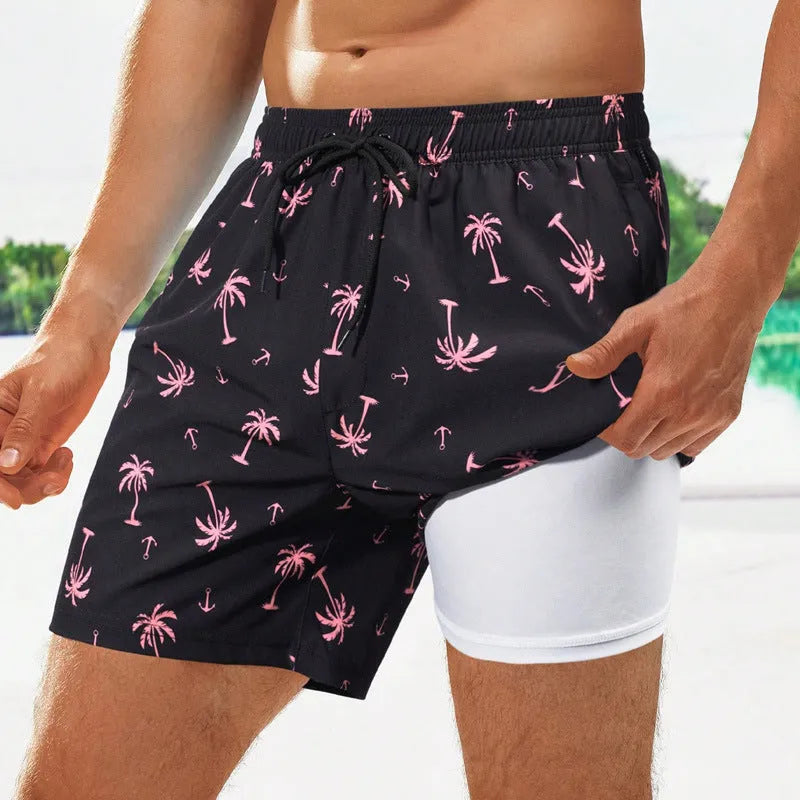 Men's quick-dry swimming trunks with floral pattern and loose boxer design