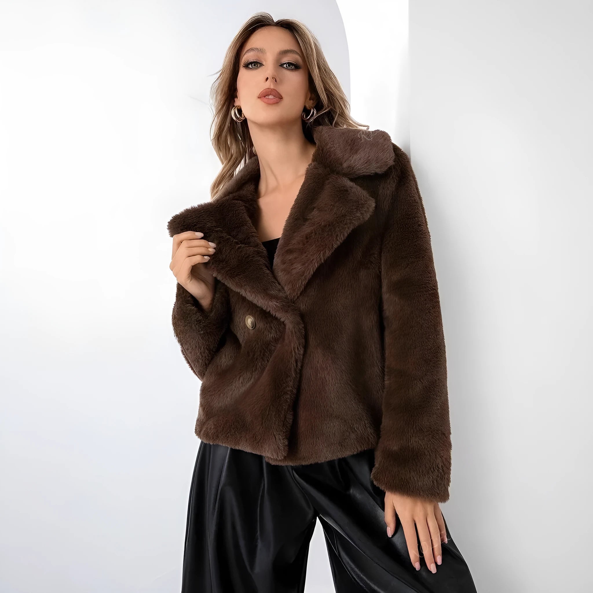 Women's loose short faux fur coat in rose red, showing regular sleeves and a fresh, sweet style.
