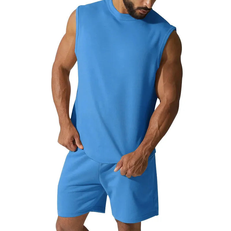 Men's sleeveless sports suit with cotton blend fabric in multiple solid colour options