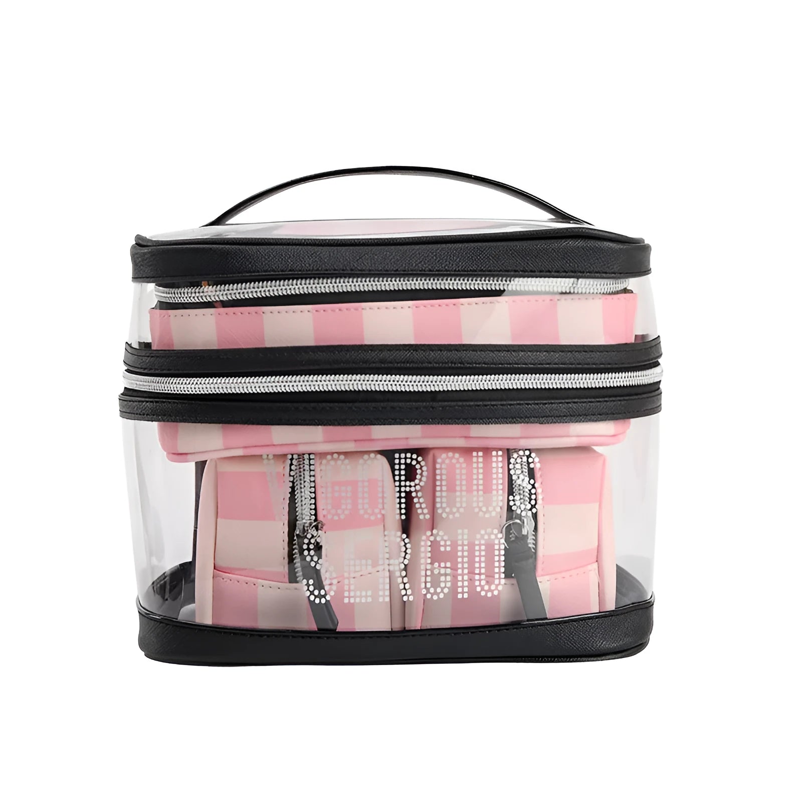 Pink bold stripes floral pattern folding makeup bag kit with synthetic leather waterproof case