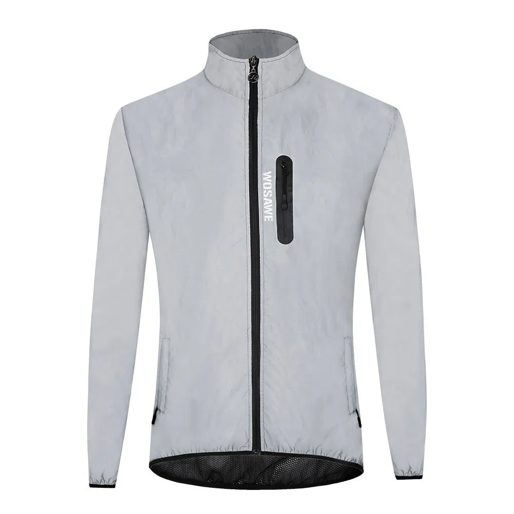Silver coloured waterproof polyester long sleeve jacket for men on a hanger.