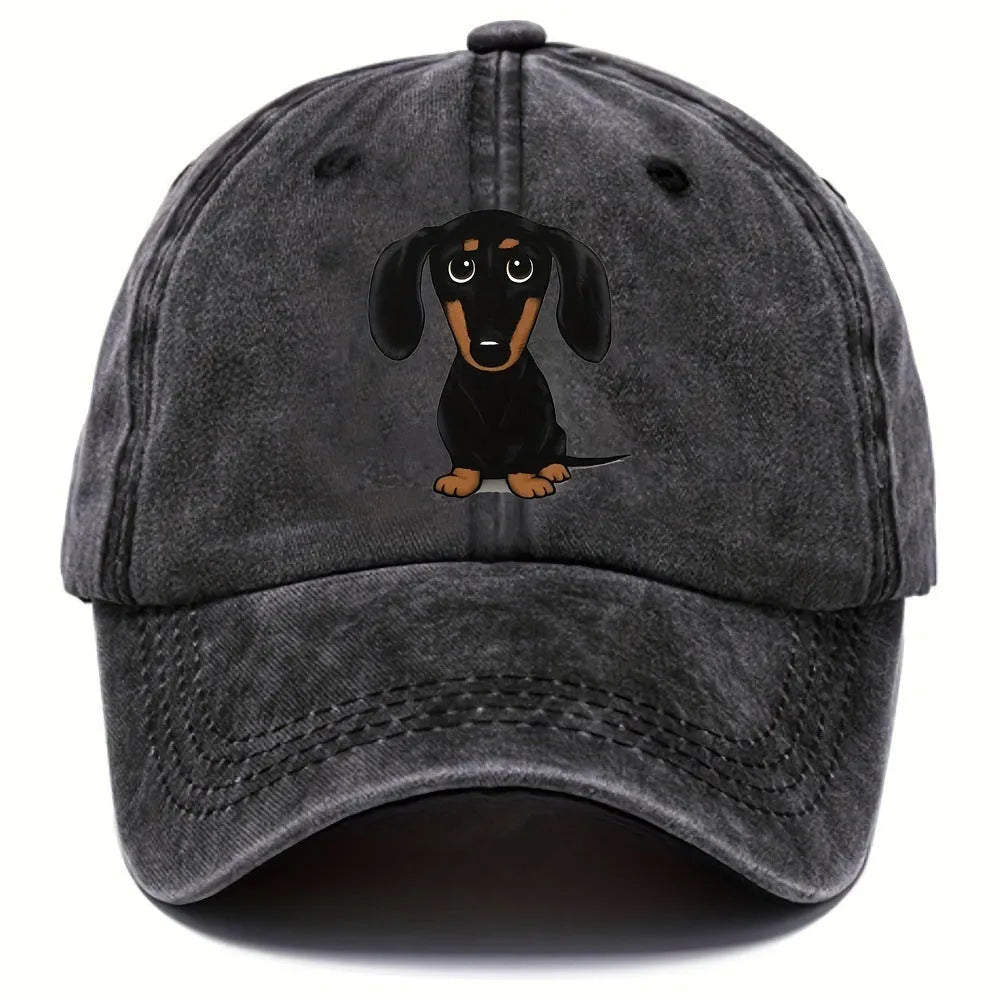 Retro washed blue cotton baseball cap with an embroidered brown dachshund design on the front.