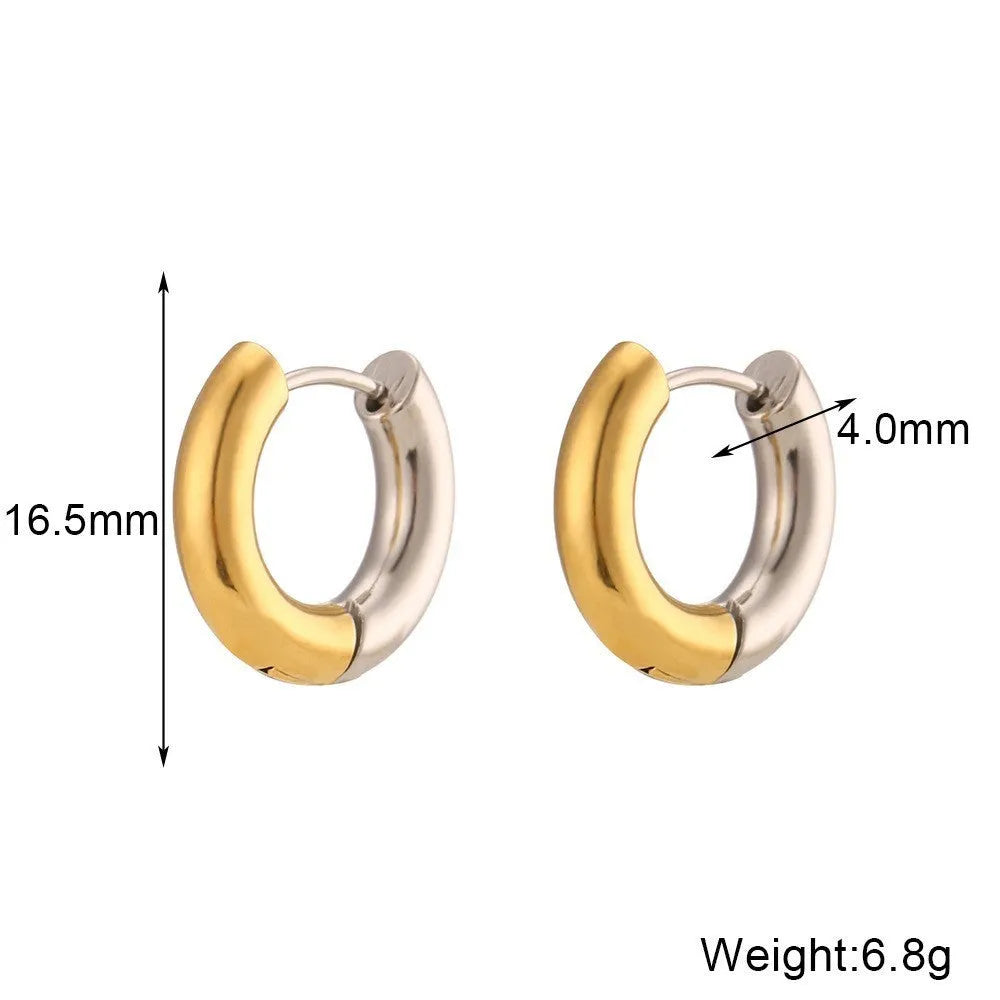 Gold electroplated stainless steel jewellery set comprising geometric earrings, bracelet and necklace.