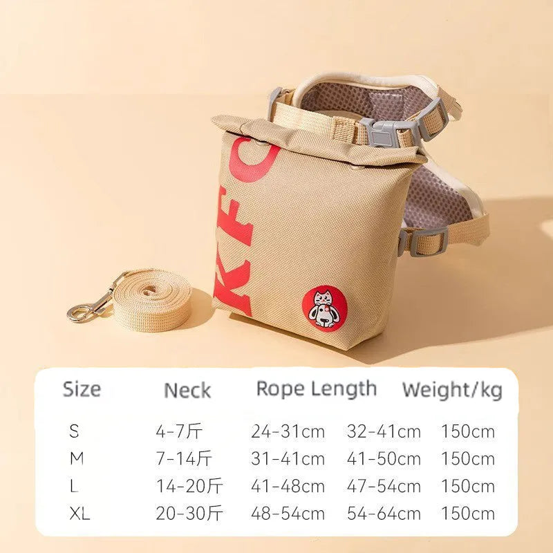 Cartoon hamburger print adjustable vest leash harness for a dog, connected to a walking rope.