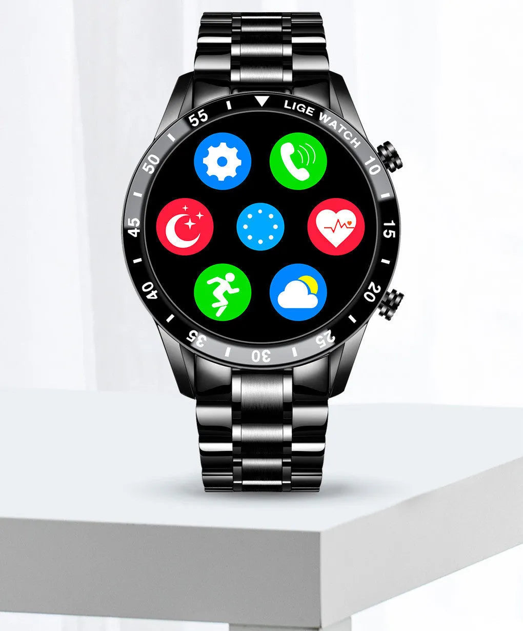 Stainless steel smart watch with black band and 1.3 inch screen displayed on wrist.