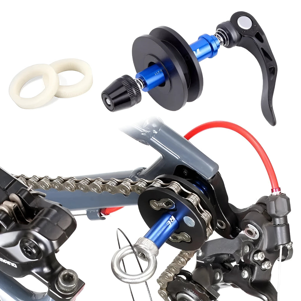 Aluminium bicycle chain holder tool shown in barrel shaft, basic and quick release versions.