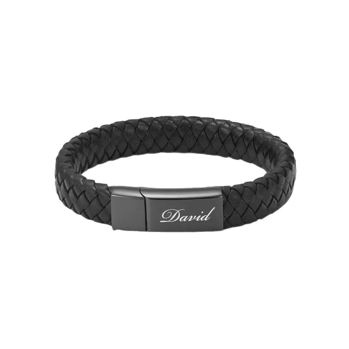 Black stainless steel cinerary casket bracelet with leather elements and English letter design