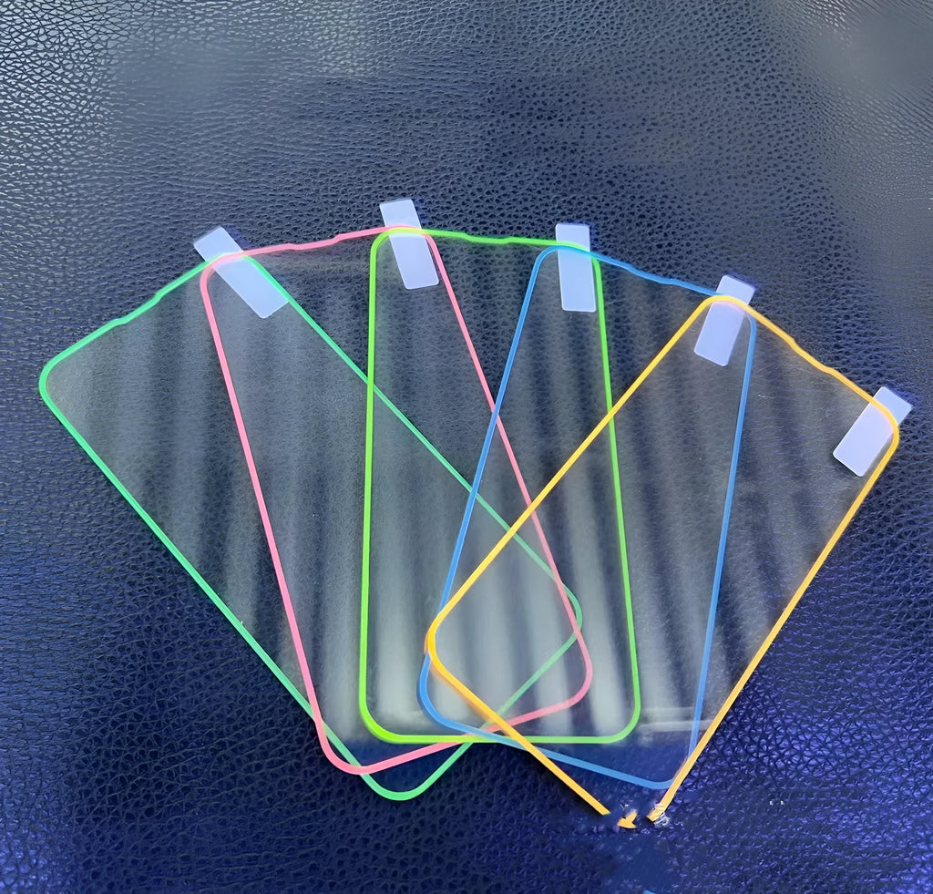 Fluorescent tempered glass screen protector for iPhone in luminous pink, yellow, green, blue and grass green colours