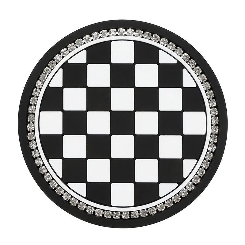 PVC car cup holder mat coaster in black and white checkerboard pattern for vehicle interior