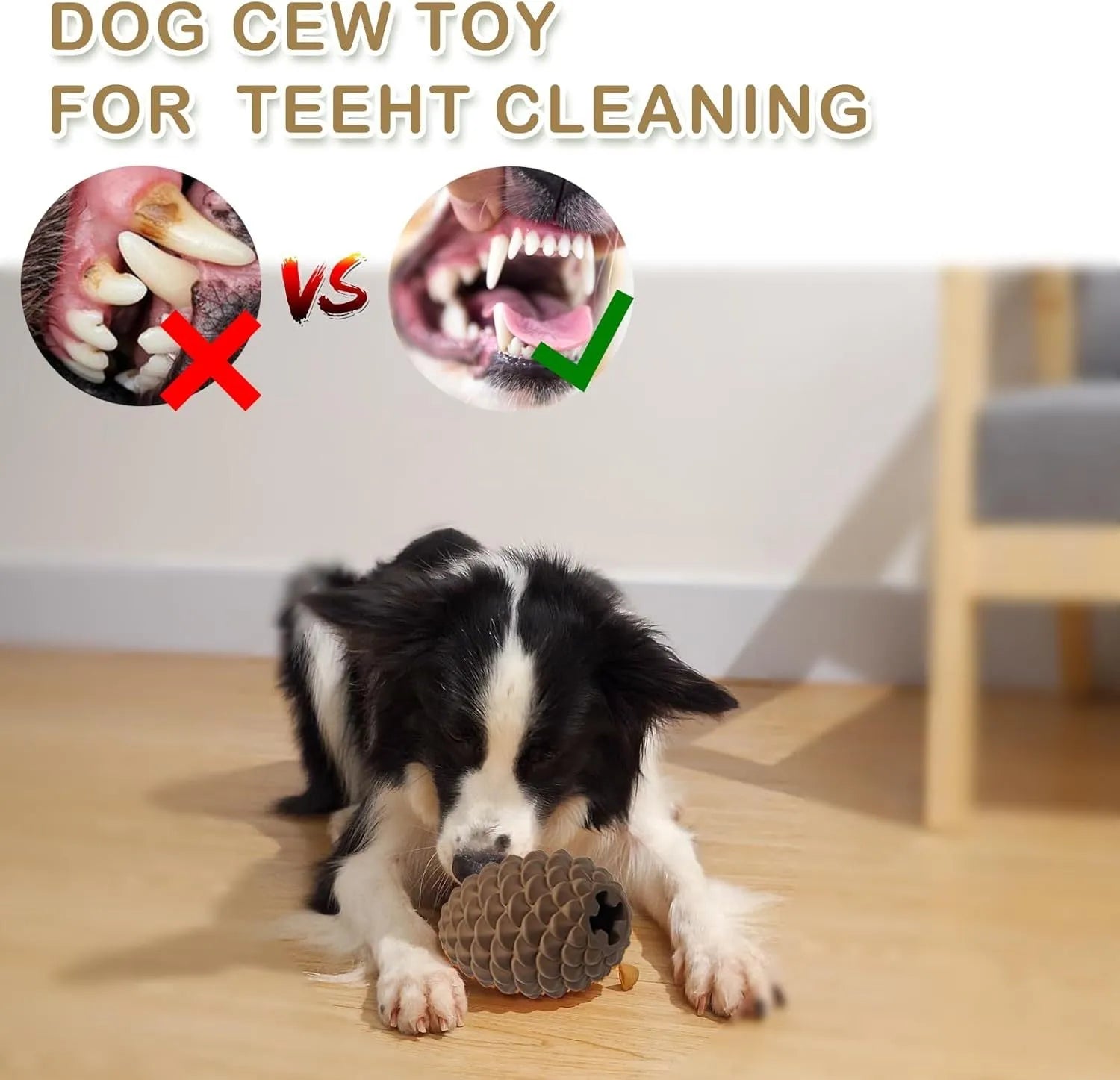 Yellow pine cone-shaped natural rubber dog chew toy with textured surface and treat dispenser hole.