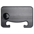 Large black ABS car steering wheel laptop stand with integrated foldable cup holder, mounted on a car steering wheel.