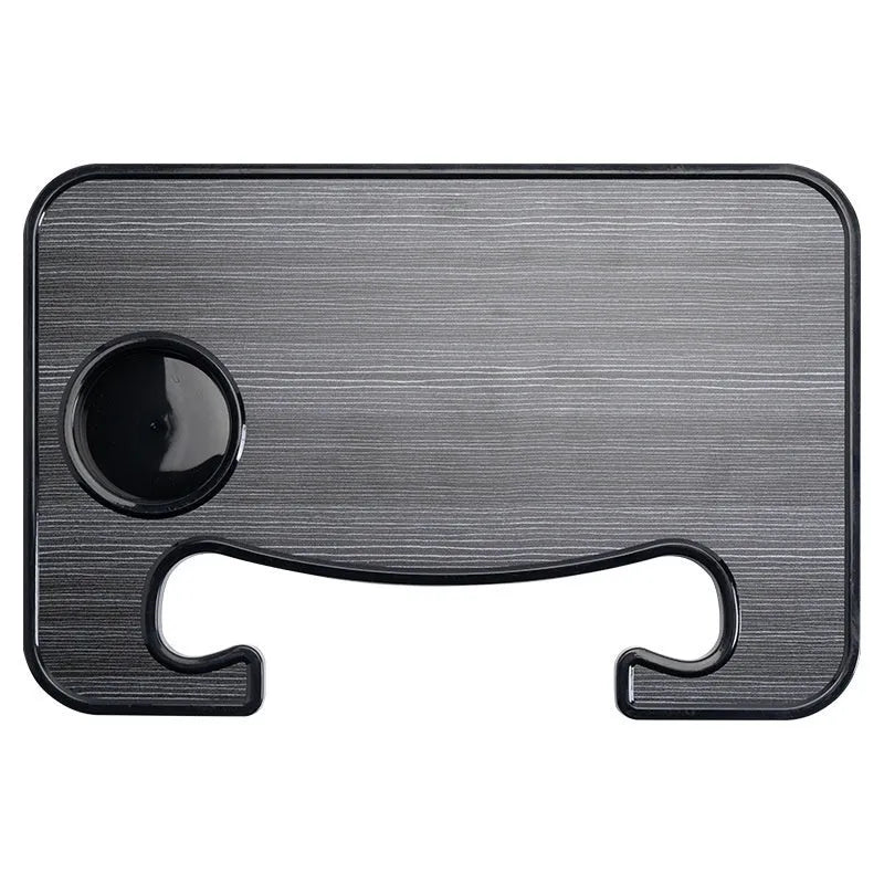 Large black ABS car steering wheel laptop stand with integrated foldable cup holder, mounted on a car steering wheel.