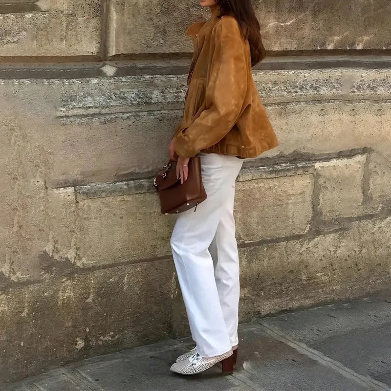 European and American retro loose-fit solid colour polyester jacket with long sleeves