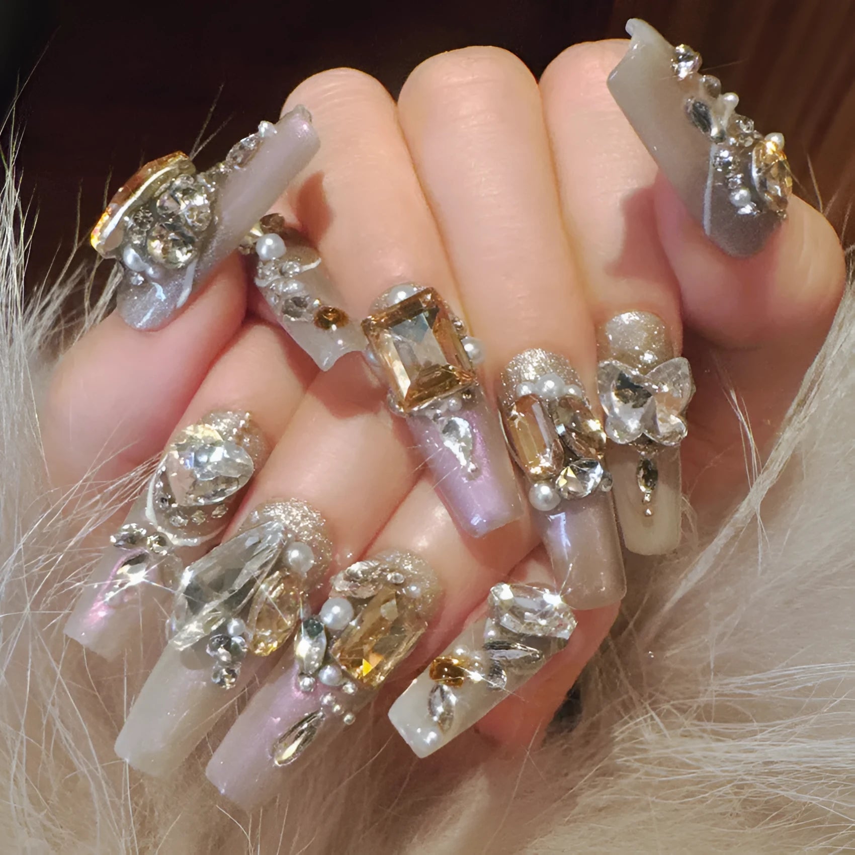 Flash style false nail patches with luxury rhinestones on 10-piece card, with jelly adhesive or tool set options