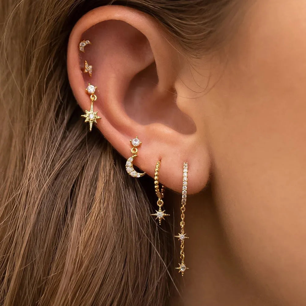 Gold chain tassel earrings with zircon stud details - six-piece set for women