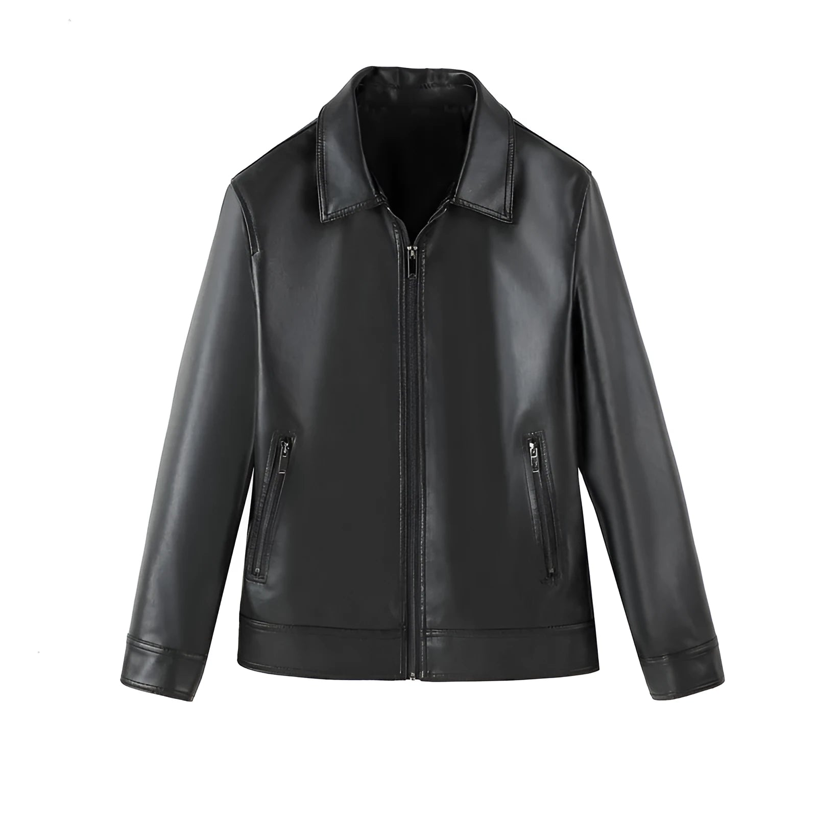 Black men's PU leather jacket with zip pockets and loose fit design